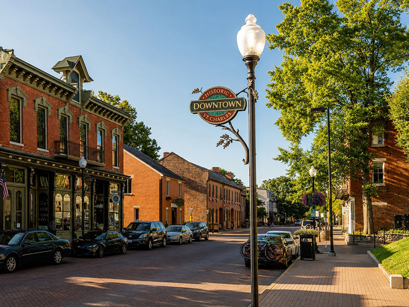 Historic Downtown St. Charles, Missouri street scene and local businesses.
